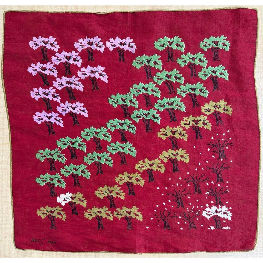 1950s Tammis Keefe handkerchief featuring trees in every season